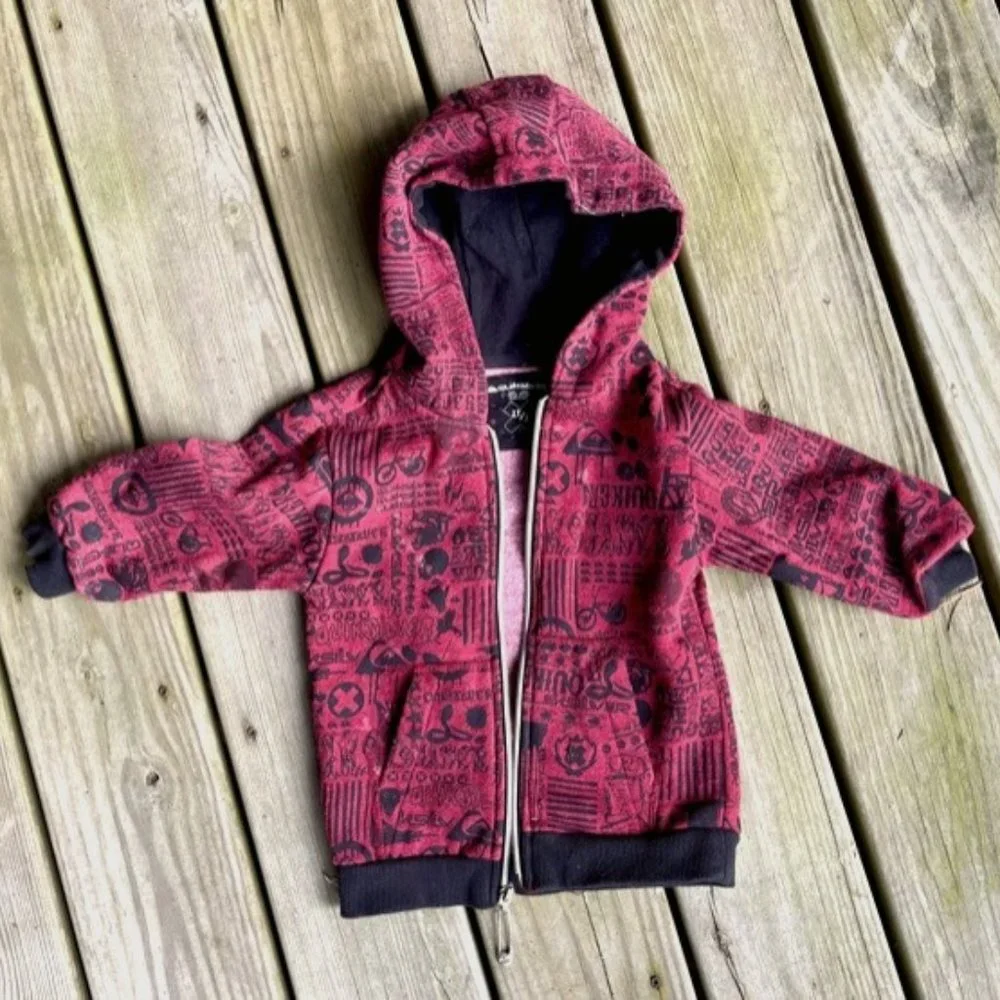 Quiksilver Boys Maroon Black Allover Print Zip Hoodie Jacket 2T